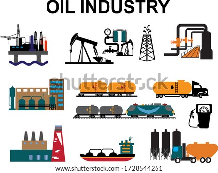 Oil industry Horizontal Banners with Flat Icons extraction refinery and transportation oil and petrol with gas station, rig and barrels. Vector illustration.