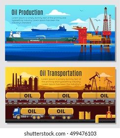 Oil Industry Horizontal Banners With Petroleum Extraction And Refining  Railway And Truck Transportation  Isolated Vector Illustration 