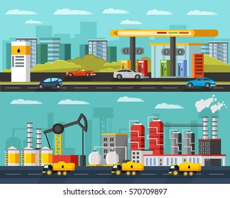 Oil industry horizontal banners with petroleum extraction manufacturing transportation gas station and cars vector illustration