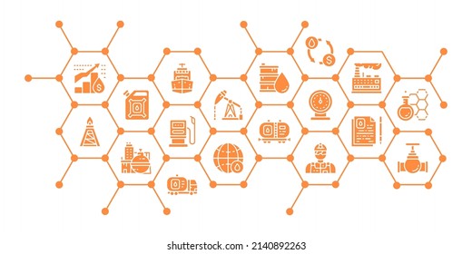 Oil industry icon banner concept. Fuel Truck, Engineer, Gasoline, Cargo Ship vector illustration for business web page banner, web presentation.