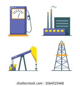 Oil industry icon set in flat style. Exploration and production symbols isolated on white.