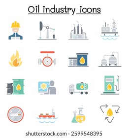Oil industry icon set in flat color style