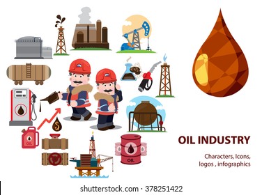Oil industry icons, characters, infographics.