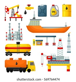 Oil industry icons collection with drilling rig tanker truck platform factory cans barrel gas station isolated vector illustration