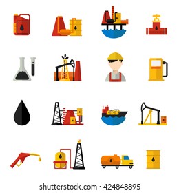 Oil industry icons flat set with description of elements of crude oil production workers and tools vector illustration