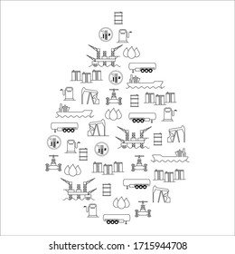 Oil industry icons, Set of schematically drawn things on the theme of oil, vector illustration, derrick, barrel, tanker, crane, oil storage, fuel truck, gas station