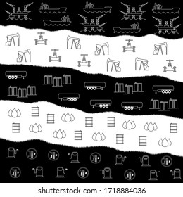 Oil industry icons set, vector illustration, derrick, barrel, tanker, crane, oil storage, fuel truck, gas station,white and black background
