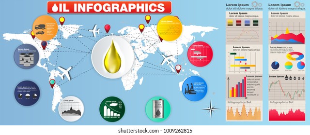 Oil Industry Infographic Elements. Icon Set. Opportunity to Highlight any Country On the World Map. Vector Illustration EPS 10.