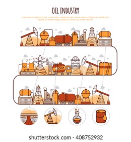 oil industry infographic.Oil extraction, processing, transportation. vector thin line illustration for your design