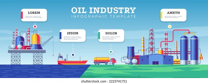 Oil industry infographic. Petroleum production distribution transportation business presentation, refinery plant offshore crude extraction. Vector illustration. Sipping and processing petrol