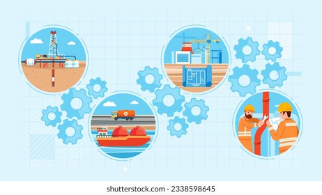 Infografía de la industria petrolera. Objetos de refinería. Extracción de combustible logístico. Transporte de gasolina por cisterna y mantenimiento de oleoductos. Almacenamiento y procesamiento de gasolina. icono de engranajes