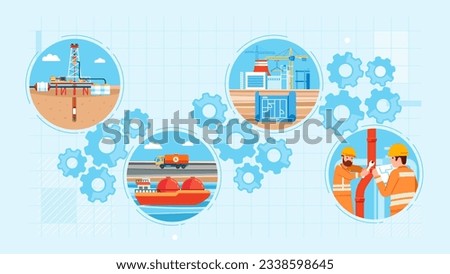 Oil industry infographic. Refinery objects. Logistic Fuel extraction. Petrol transportation by tanker and pipeline maintenance. Gasoline storage and processing. gears icon