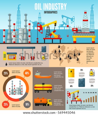 Oil industry infographic template with processes of extraction production transportation storage and petroleum refining vector illustration