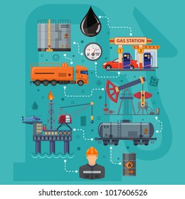 Oil industry Infographics with Flat Icons extraction production and transportation oil and petrol with oilman, rig and barrels. Isolated vector illustration.