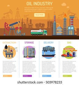 Oil industry Infographics with Flat Icons extraction refinery and transportation oil and petrol with oil pump, factory and tanker truck. vector illustration.