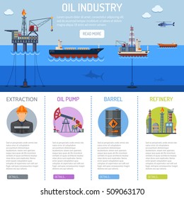 Oil industry Infographics with Flat Icons extraction refinery and transportation oil and petrol with oil pump, oil platform and cargo tank. vector illustration.