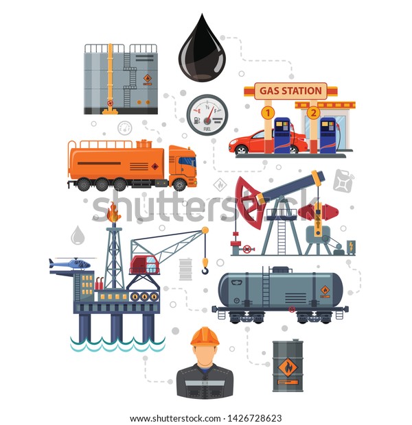 Oil industry Infographics\
with Flat Icons extraction production and transportation oil and\
petrol with oilman, rig and barrels. Isolated vector\
illustration.