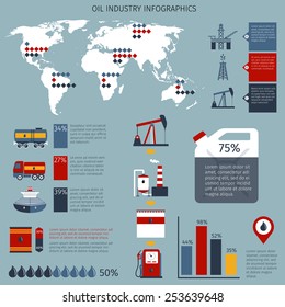 Oil industry infographics set with fuel shipping refinery and drilling charts and world map vector illustration