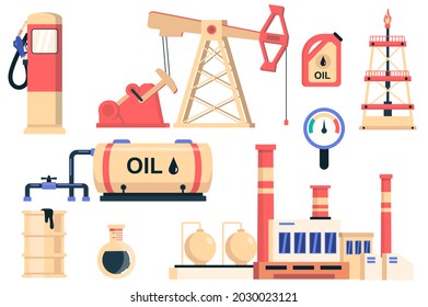 Oil industry isolated elements set. Bundle of gas station, fuel canister, oil barrel, production machines, production plant and other. Creator kit for vector illustration in flat cartoon design