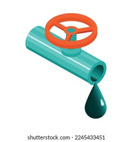 Oil industry isometric icon with drop flowing out of pipe 3d vector illustration