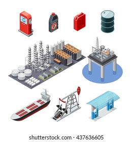 Oil industry isometric icons collection with pump jack tanker canister and sea platform abstract isolated vector illustration