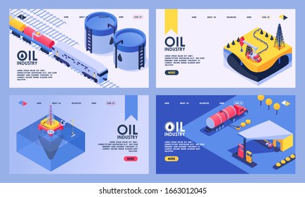 Oil Industry Isometric Vector Illustration. Oil Production With Pump Jack And Rig Drilling Platform, Industrial Storage In Tanks, Distribution, Transportation By Train And Tank Truck Landing Page Set