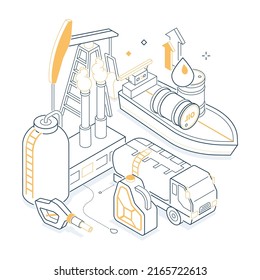 Oil industry - isometric yellow and black line illustration. Procession and marketing of petroleum products. Barrels, pump, plant, canister, drop, tank, tanker, transportation, fuel nozzle images