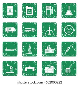 Oil industry items icons set in grunge style green isolated vector illustration