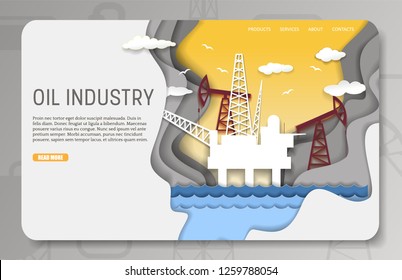 Oil industry landing page website template. Vector paper cut offshore oil platform with drilling rigs, pumps. Crude oil extraction concept.