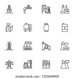 Oil industry line icons set. linear style symbols collection, outline signs pack. vector graphics. Set includes icons as oil platform, refinery factory, gas drilling rig, fuel barrel, gas station 