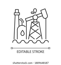 Oil Industry Linear Icon. Petroleum Refinery Station, Fossil Fuel Extraction Plant. Thin Line Customizable Illustration. Contour Symbol. Oil Pump Vector Isolated Outline Drawing. Editable Stroke