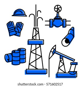 Oil industry linear icon set. Oil drilling, refining, production, energy industry. Isolated on white background. Vector illustration.