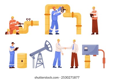 Indústria do petróleo Man Worker Personagem Stand em conjunto de ilustração vetor uniforme