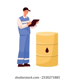 Indústria do petróleo Man Worker Personagem Stand com Clipboard na ilustração do vetor do barril de combustível