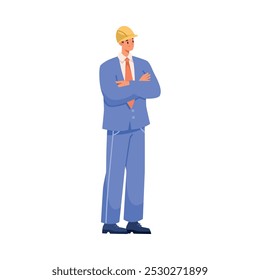 Oil Industry Man Worker Character Stand in Helmet in Suit Vector Illustration