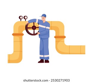 Oil Industry Man Worker Character Stand in Uniform at Pipeline Vector Illustration