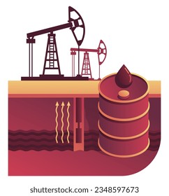 Oil Industry mining concept - abstract symmetrical composition with rig, drilling well, oil pipeline and petroleum barrel