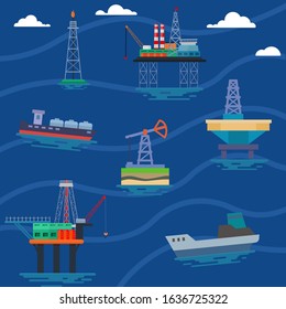 Oil industry mining production concept vector illustration flat. Offshore ocean sea water oil obtaining manufacturing facilities petroleum extraction platform rig ship tanker.