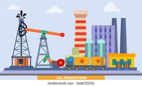 Oil industry mining production concept vector illustration flat. Oil natural resources factory plant obtaining manufacturing facilities petroleum extraction rig derrick transportation.