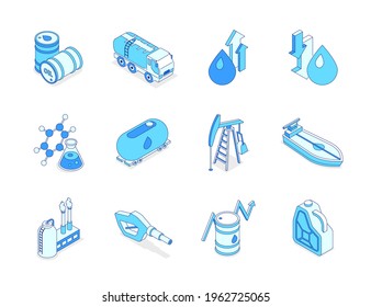 Oil Industry - Modern Line Isometric Icons Set. Procession And Marketing Of Petroleum Products. Barrels, Pump, Plant, Canister, Drop With Arrows, Tank, Tanker, Transportation, Fuel Nozzle Images