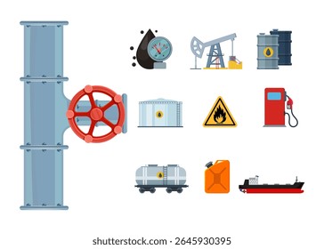 Oil Industry Object Set stock. Set of oil industry production transportation extracting cartoon icons vector illustration. stock illustration