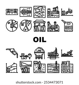 indústria do petróleo ícones de perfuração de petróleo conjunto vetor. pipeline, geologia do reservatório, upstream sísmico, downstream midstream, indústria de petróleo bruto perfuração de petróleo contorno preto ilustrações