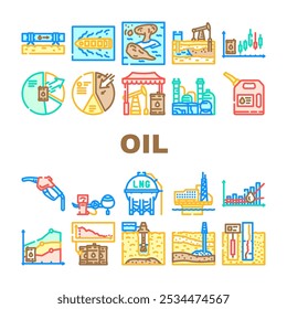 indústria do petróleo ícones de perfuração de petróleo conjunto vetor. pipeline, geologia do reservatório, upstream sísmico, downstream midstream, indústria de petróleo bruto perfuração de petróleo linha de cor ilustrações
