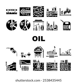 indústria do petróleo ícones de perfuração de petróleo conjunto vetor. pipeline, geologia de reservatório, upstream sísmico, downstream midstream, indústria de petróleo bruto pictograma de glifo de perfuração de petróleo Ilustrações