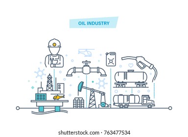 Oil Industry, Pipe, Gasoline Tank, Industrial Plant. Employee Of The Oil Industry Is Engaged In The Extraction And Transportation Of Resources. Illustration Thin Line Design Of Vector Doodles.