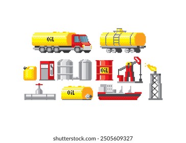 Oil industry pixel art icon set. Design for logo, web, mobile app, sticker, badges and patches. Video game sprite. 8-bit. Isolated vector illustration.