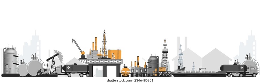 Oil industry platform Banner with drilling rig tower station, Oil storage tank, petroleum gasoline storage tank and transportation. Poster Brochure Flyer Design. Vector Illustration eps10