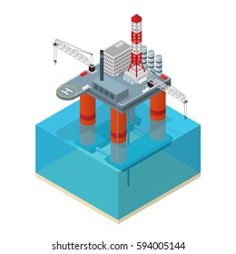 Oil Industry Platform Isometric View Ocean Offshore Industrial Equipment Station. Vector illustration