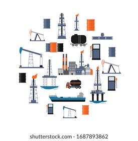 Oil industry poster with factory buildings, drilling machinery and cargo transport in circle shape isolated on white background. Industrial flat vector illustration.