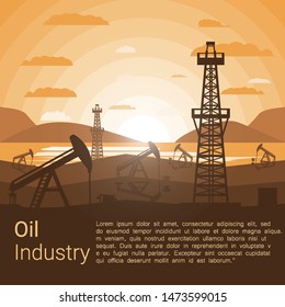 Oil Industry poster, Silhouette Pumpjack on a Background of Mountains at Sunset